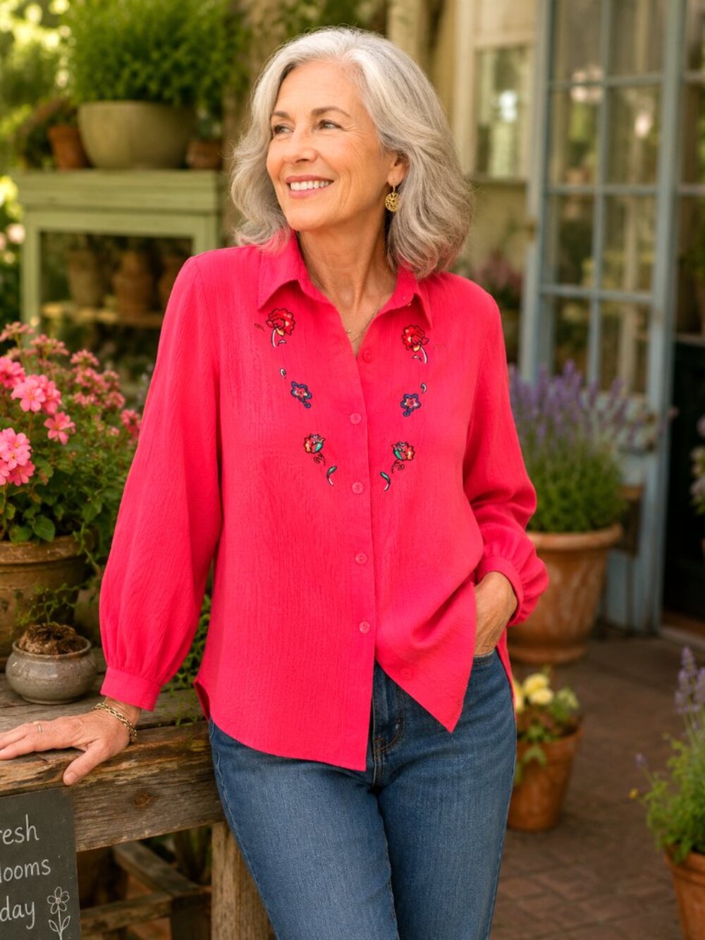Crepe Floral Embroidered Blouse VTG 70s G.W. Division of Graff, Coral Tunic 14
